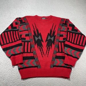Vintage New Era Sweater Mens L Red Black Geometric Knit Crewneck Pullover USA